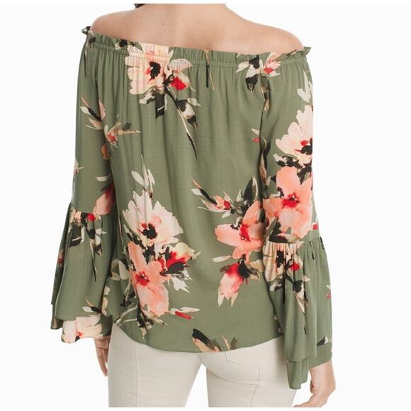White House Black Market Floral Off-Shoulder Blouse - Green and Pink - Picture 7 of 11